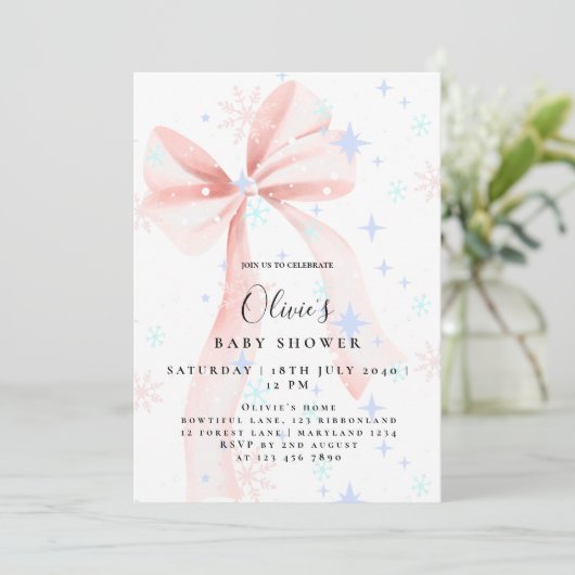Elegant Pink Bow Baby Shower Invitation 招待状 (スタンド正面)