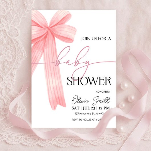 Elegant Pink Bow Baby Shower Invitation 招待状