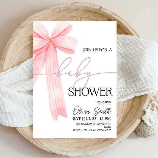 Elegant Pink Bow Baby Shower Invitation 招待状