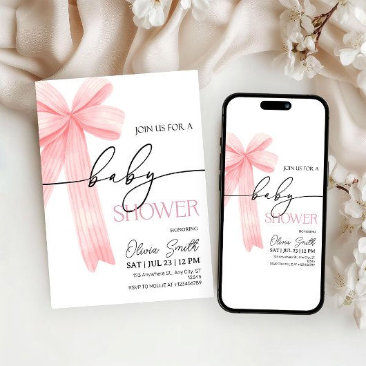 Elegant Pink Bow Baby Shower Invitation 招待状