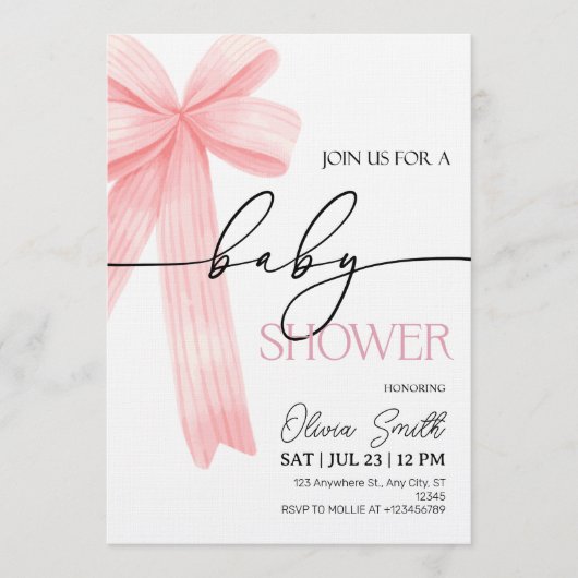 Elegant Pink Bow Baby Shower Invitation 招待状 (正面)