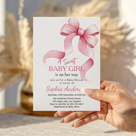 Elegant Pink Bow Baby Shower Invitation for Girl   招待状