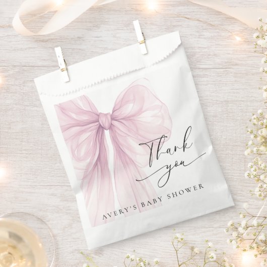 Elegant Pink Bow Baby Shower Thank You フェイバーバッグ (クリップ留めされた状態)