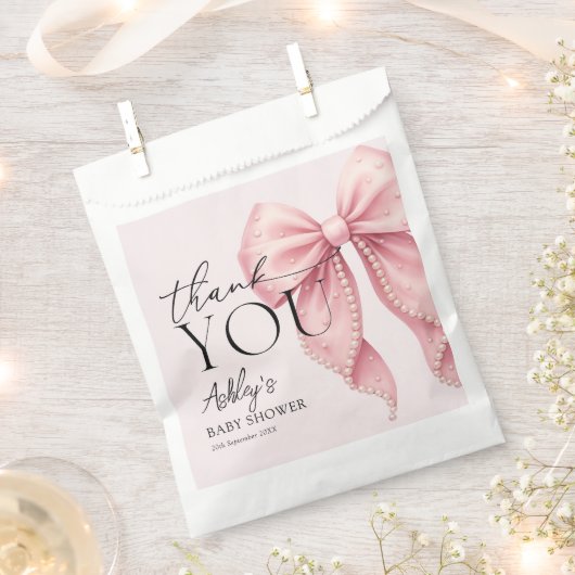 Elegant Pink Bow Baby Shower Thank You フェイバーバッグ (クリップ留めされた状態)