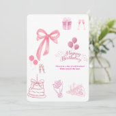 Elegant Pink Bow & Balloons Happy Birthday Card 招待状 (スタンド正面)