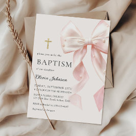Elegant Pink Bow Baptism Girl Invitation 招待状