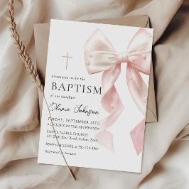 Elegant Pink Bow Baptism Girl Invitation 招待状