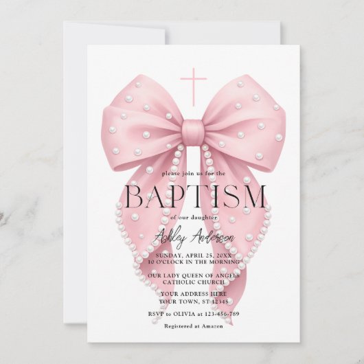 Elegant Pink Bow Baptism Girl Invitation 招待状 (正面)
