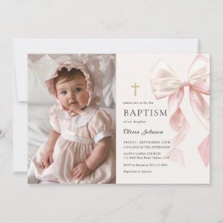 Elegant Pink Bow Baptism Girl Photo Invitation 招待状