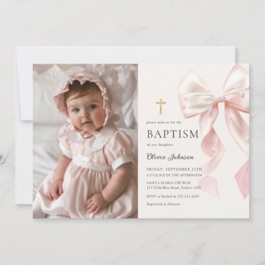 Elegant Pink Bow Baptism Girl Photo Invitation 招待状 (正面)