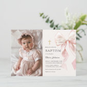 Elegant Pink Bow Baptism Girl Photo Invitation 招待状 (スタンド正面)
