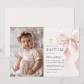 Elegant Pink Bow Baptism Girl Photo Invitation 招待状 (正面/裏面)