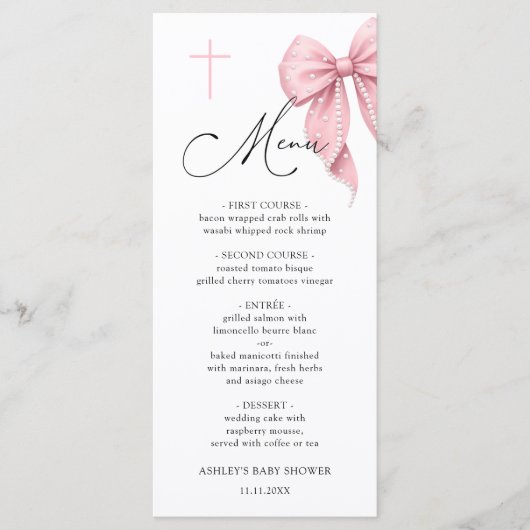 Elegant Pink Bow Baptism Menu メニュー (正面)