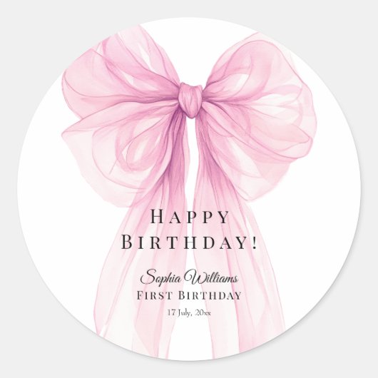 Elegant Pink Bow Birthday Stickers ラウンドシール (正面)