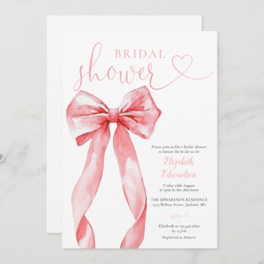 Elegant Pink Bow Bridal Shower 招待状 (正面/裏面)