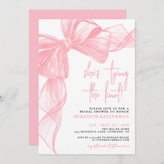 Elegant Pink Bow Bridal Shower 招待状 (正面/裏面)