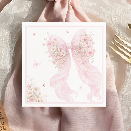 Elegant Pink Bow Butterfly Baby Shower スタンダードカクテルナプキン