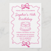 Elegant Pink Bow & Cake Sweet 16 Birthday Party 招待状 (正面)