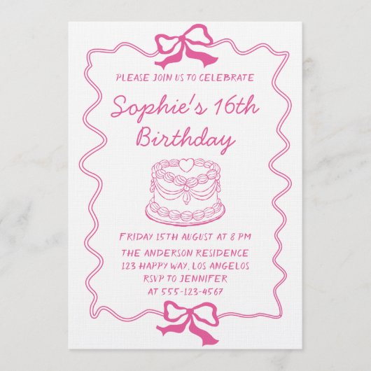 Elegant Pink Bow & Cake Sweet 16 Birthday Party 招待状 (正面)