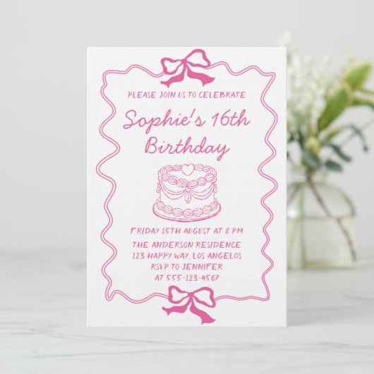 Elegant Pink Bow & Cake Sweet 16 Birthday Party 招待状 (スタンド正面)