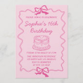 Elegant Pink Bow & Cake Sweet 16 Birthday Party 招待状 (正面)