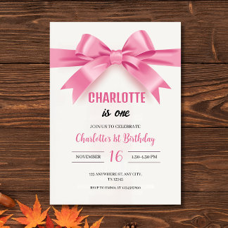 Elegant Pink Bow "Charlotte is One" First Birthday 招待状
