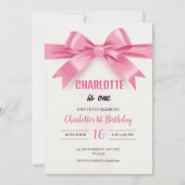 Elegant Pink Bow "Charlotte is One" First Birthday 招待状 (正面)