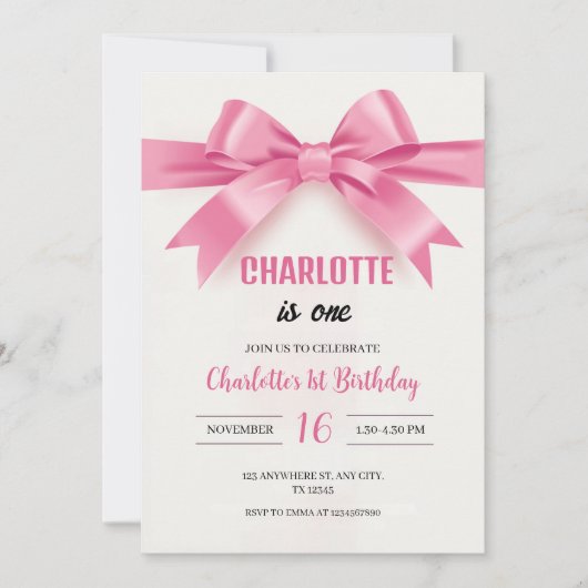 Elegant Pink Bow "Charlotte is One" First Birthday 招待状 (正面)