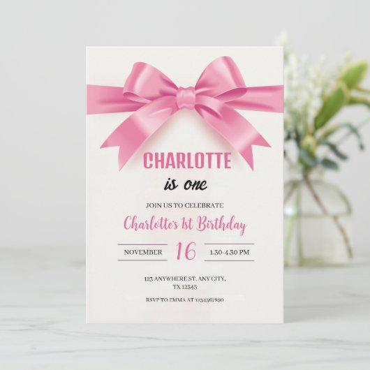 Elegant Pink Bow "Charlotte is One" First Birthday 招待状 (スタンド正面)