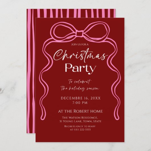 Elegant Pink bow Christmas Holiday Party  招待状 (正面/裏面)