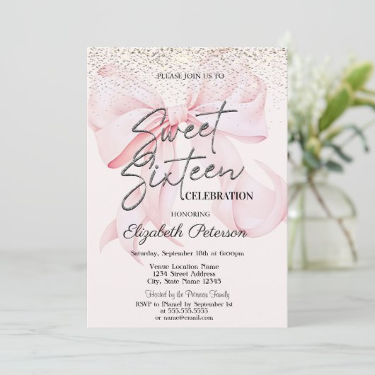Elegant Pink Bow Confetti Sweet 16 招待状 (スタンド正面)