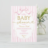 Elegant Pink Bow Coquette Girl Baby Shower Stripe 招待状 (スタンド正面)