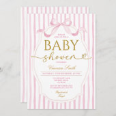 Elegant Pink Bow Coquette Girl Baby Shower Stripe 招待状 (正面/裏面)