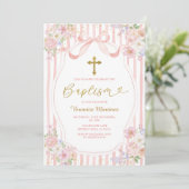 Elegant Pink Bow Coquette Girl Baptism Floral Gold 招待状 (スタンド正面)