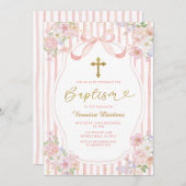 Elegant Pink Bow Coquette Girl Baptism Floral Gold 招待状 (正面/裏面)