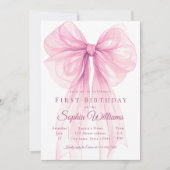 Elegant Pink Bow First Birthday Invitation 招待状 (正面)