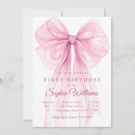 Elegant Pink Bow First Birthday Invitation 招待状