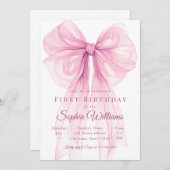 Elegant Pink Bow First Birthday Invitation 招待状 (正面/裏面)