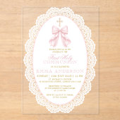 Elegant Pink Bow First Holy Communion アクリル招待状 (正面)