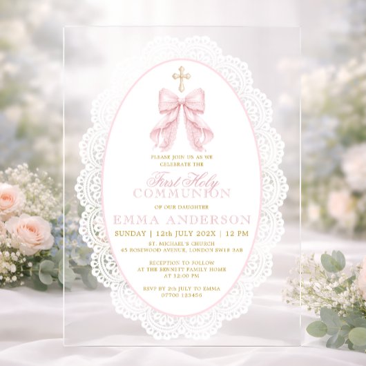 Elegant Pink Bow First Holy Communion アクリル招待状