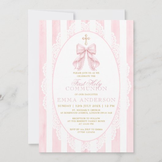 Elegant Pink Bow First Holy Communion 招待状 (正面)