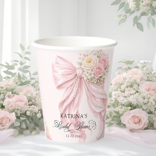 Elegant Pink Bow Floral Coquette Bridal Shower 紙コップ
