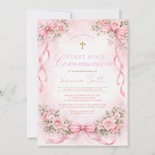 Elegant Pink Bow Floral First Holy Communion 招待状 (正面)