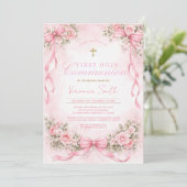 Elegant Pink Bow Floral First Holy Communion 招待状 (スタンド正面)