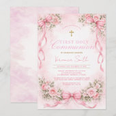 Elegant Pink Bow Floral First Holy Communion 招待状 (正面/裏面)