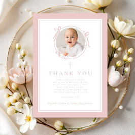 Elegant Pink Bow Girl Baptism Photo サンキューカード