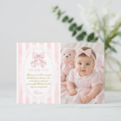 Elegant Pink Bow Girl Baptism Photo Flat サンキューカード (スタンド正面)