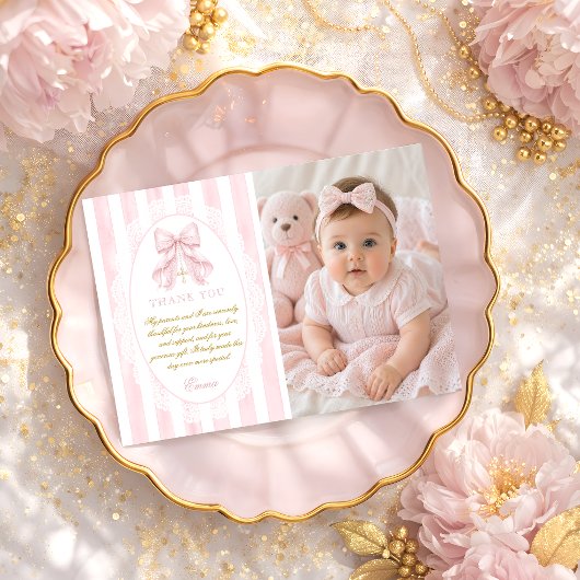 Elegant Pink Bow Girl Baptism Photo Flat サンキューカード