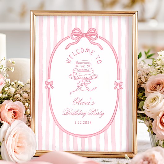 Elegant Pink Bow Girl Birthday Welcome ポスター