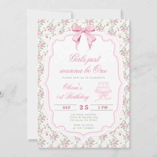 Elegant Pink Bow Girl First Birthday 招待状 (正面)